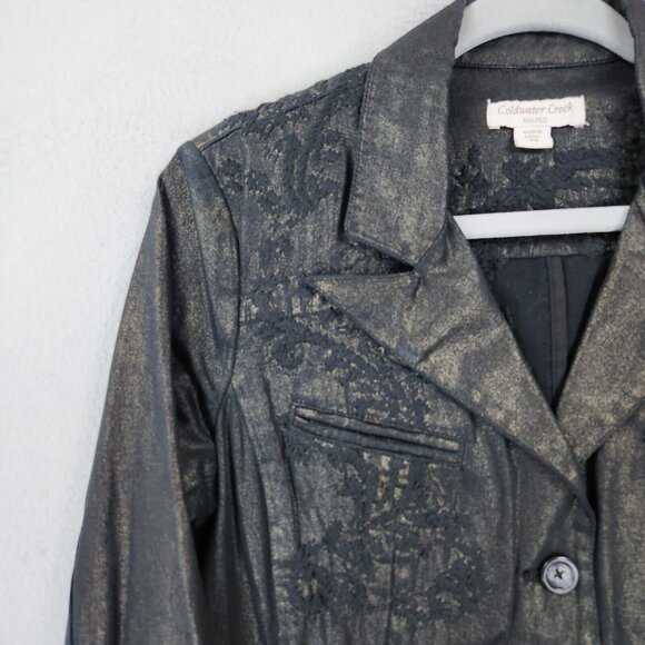 Coldwater Creek Jacket Womens 8 Petite Black Gold Embroidered Shaped Lightweight - Picture 2 of 11